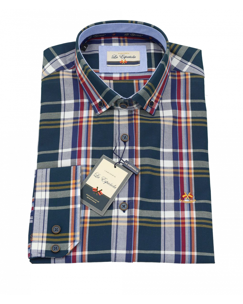 Camisa algodón estampado cuadros y cuello botón para hombre | La Española
