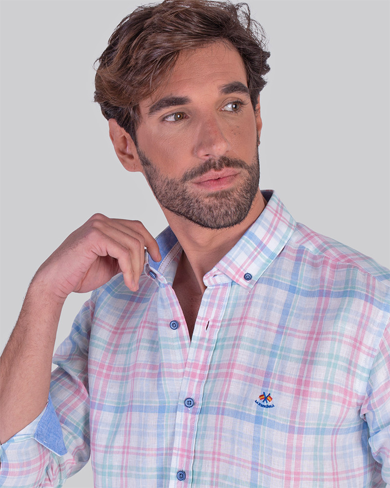 CAMISA ALGODON CUADRO CUELLO BOTON PUÑOCOMBINADO SEMEJA LINO
