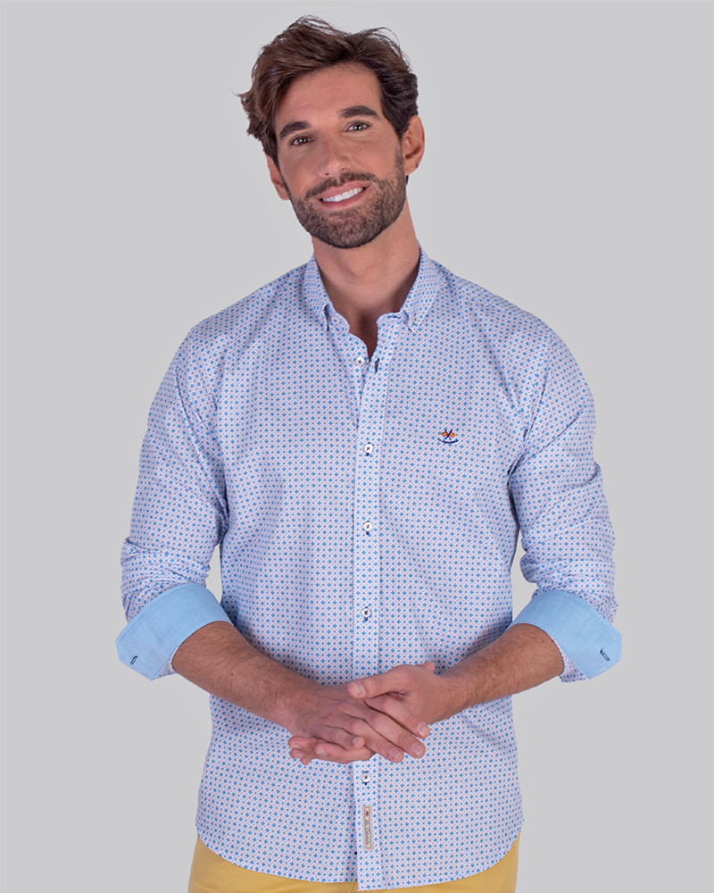 CAMISA ALGODON ESTAMPADA CUELLO BOTON PUÑO COMBINADO