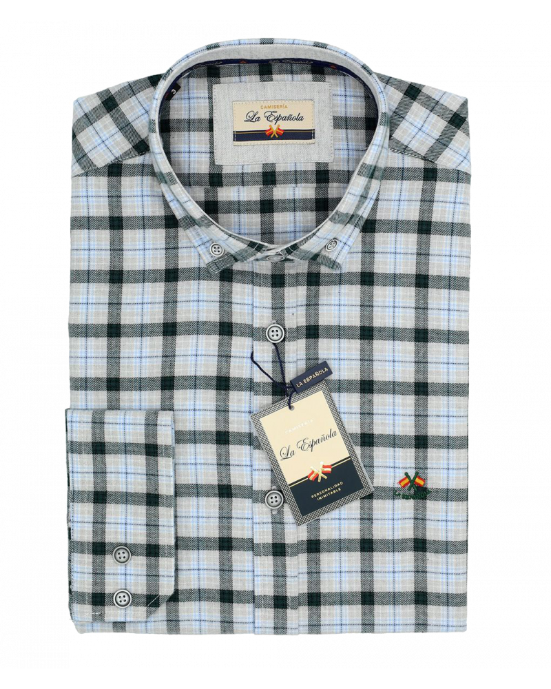 Camisa algodón cuadro franela y cuello botón hombre | La Española
