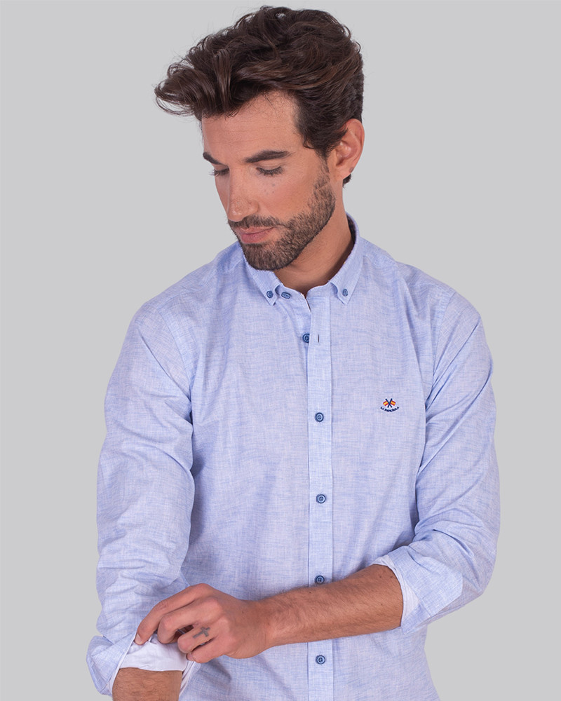 copy of CAMISA ALGODON ESTAMPADA EN LISO CUELLO BOTON PUÑO COMBINADO