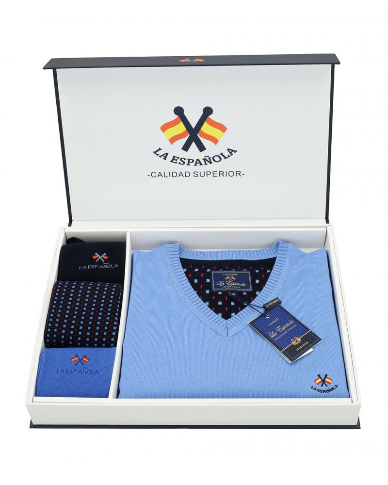 Estuche regalo sueter cuello pico azul + 3 calcetines