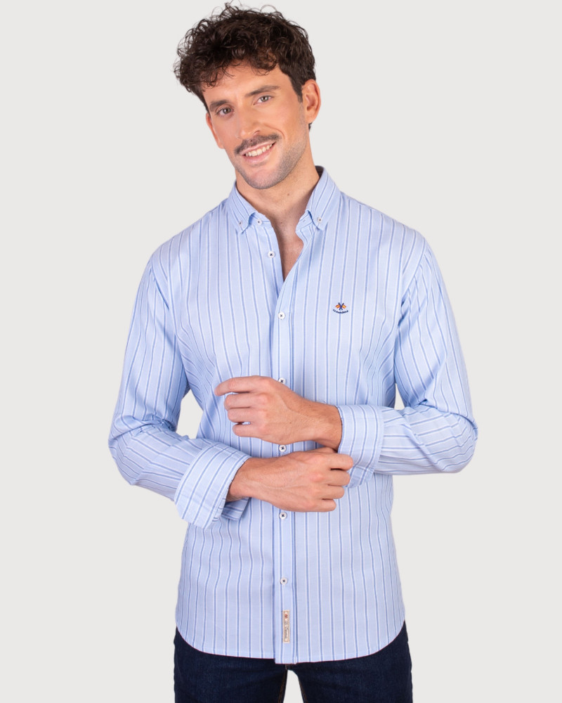 Camisa algodón-lino rayas con cuello botón | Camisería La Española