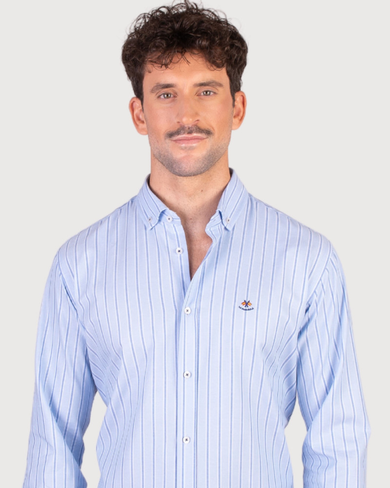Camisa algodón-lino rayas con cuello botón | Camisería La Española