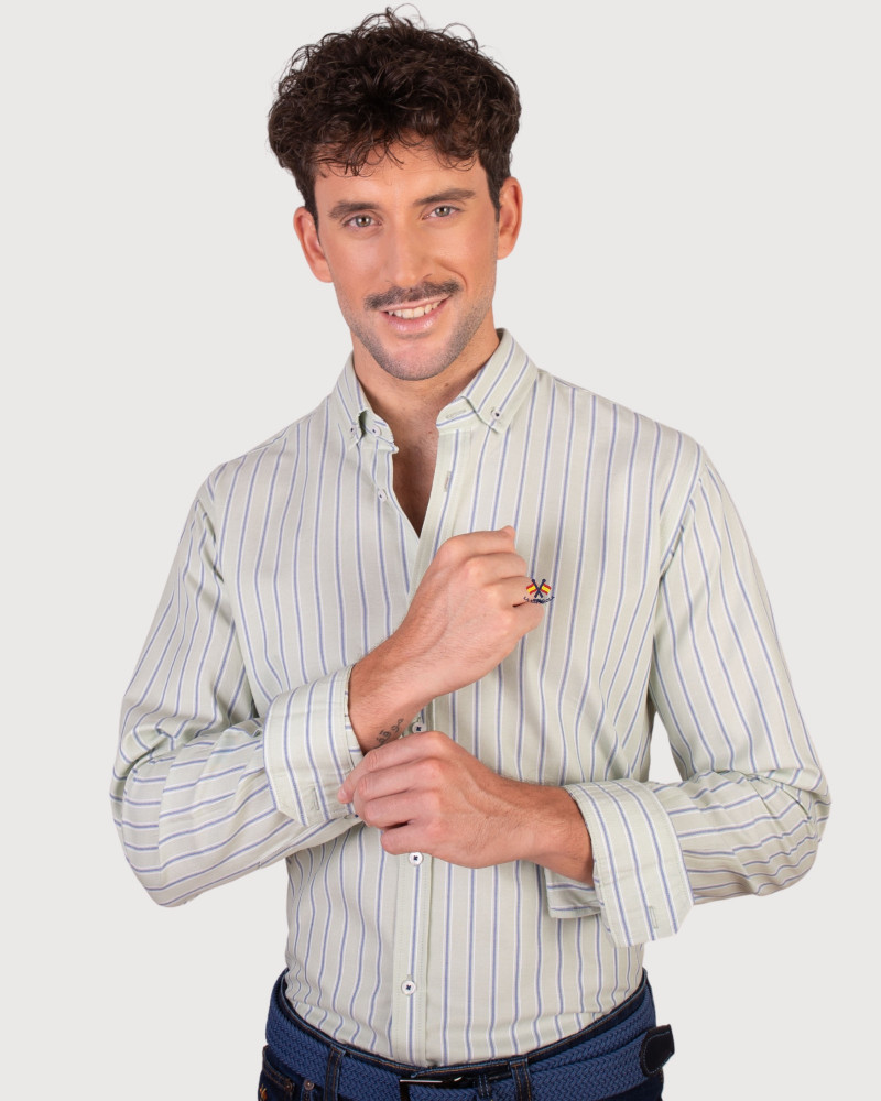 Camisa algodón-lino rayas con cuello botón | Camisería La Española