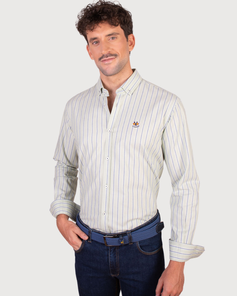 Camisa algodón-lino rayas con cuello botón | Camisería La Española