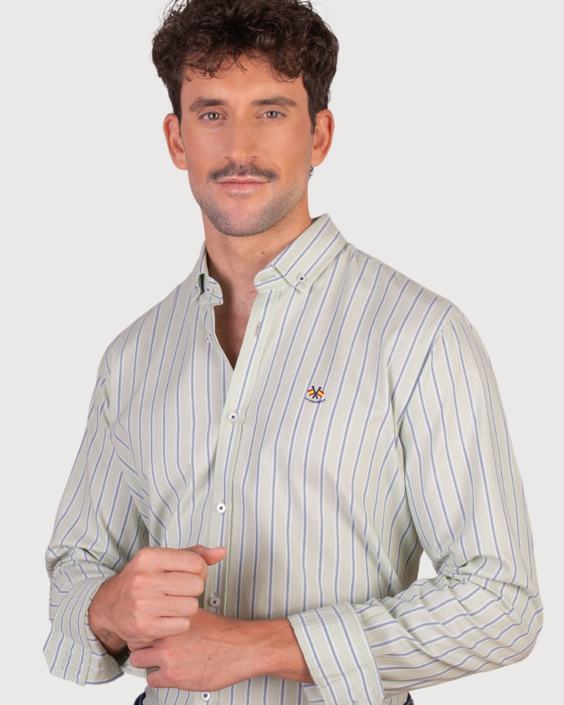 Camisa algodón-lino rayas con cuello botón | Camisería La Española