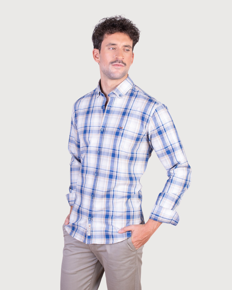 Camisa algodón-lino rayas con cuello botón | Camisería La Española