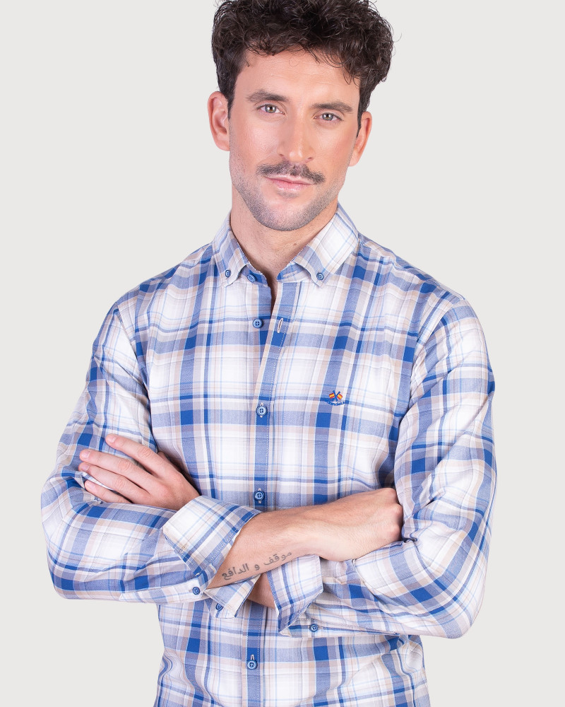 Camisa algodón-lino rayas con cuello botón | Camisería La Española