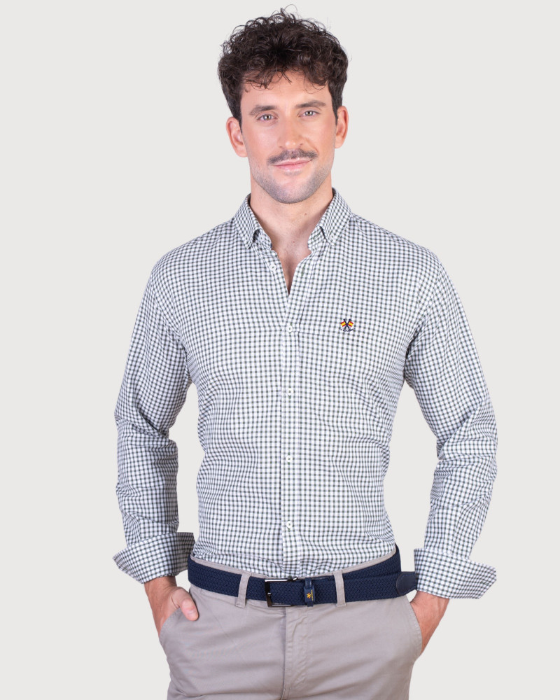 Camisa algodón-lino rayas con cuello botón | Camisería La Española