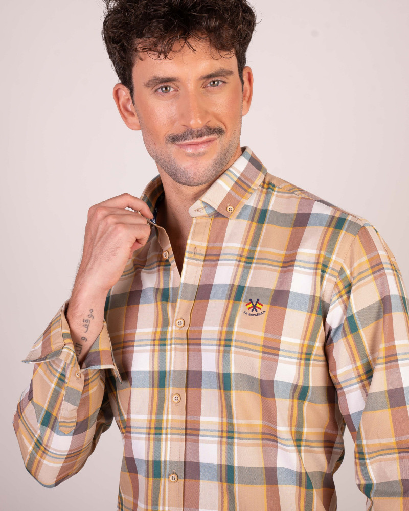 Camisa algodón-lino rayas con cuello botón | Camisería La Española