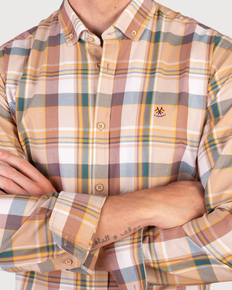 Camisa algodón-lino rayas con cuello botón | Camisería La Española