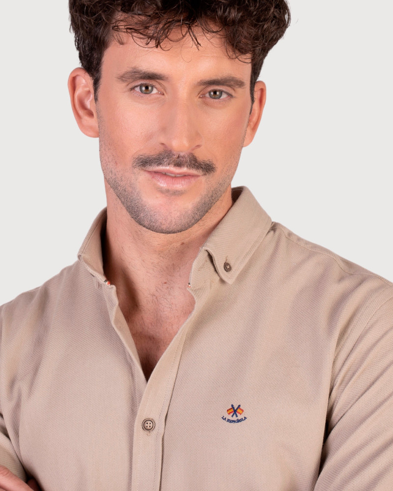 Camisa algodón-lino rayas con cuello botón | Camisería La Española