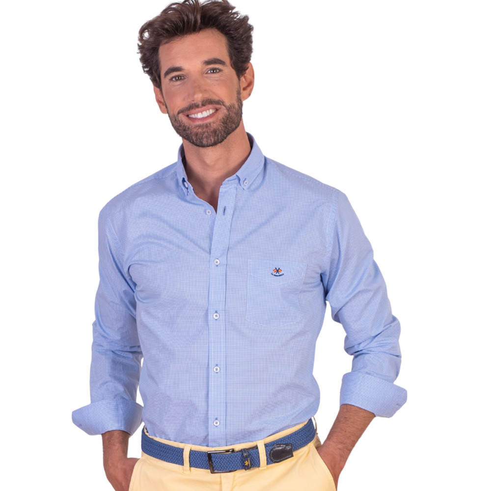 copy of Camisa regular micro-cuadro con bolsillo y cuello botón