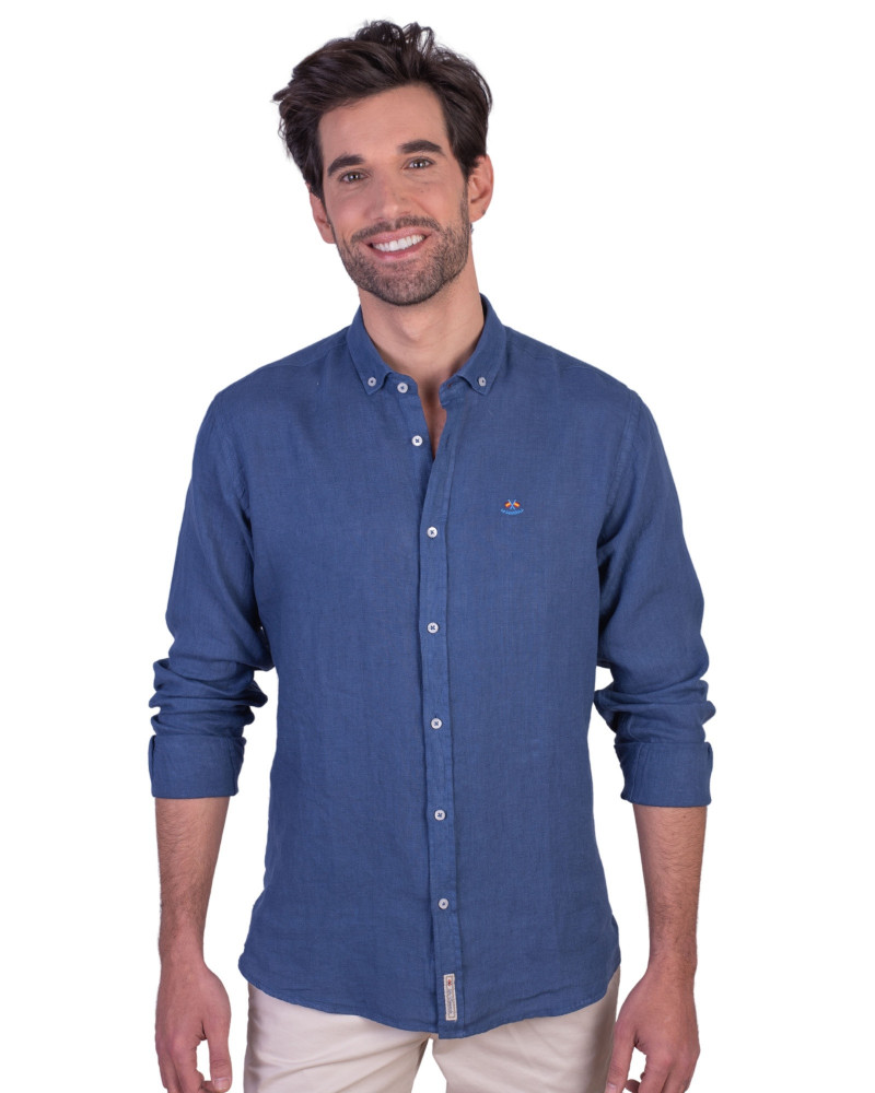 Camisa algodón-lino rayas con cuello botón | Camisería La Española
