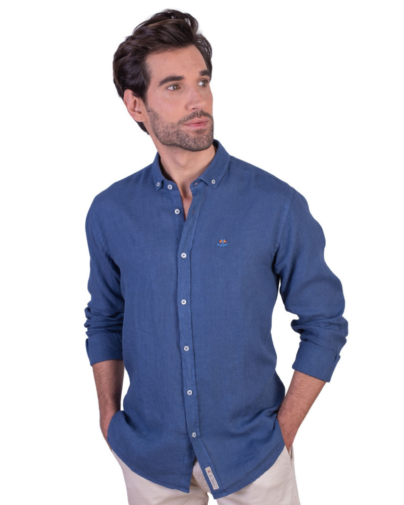 Camisa algodón-lino rayas con cuello botón | Camisería La Española