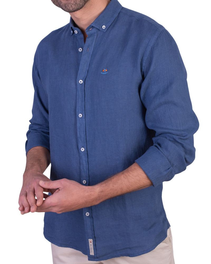 Camisa algodón-lino rayas con cuello botón | Camisería La Española