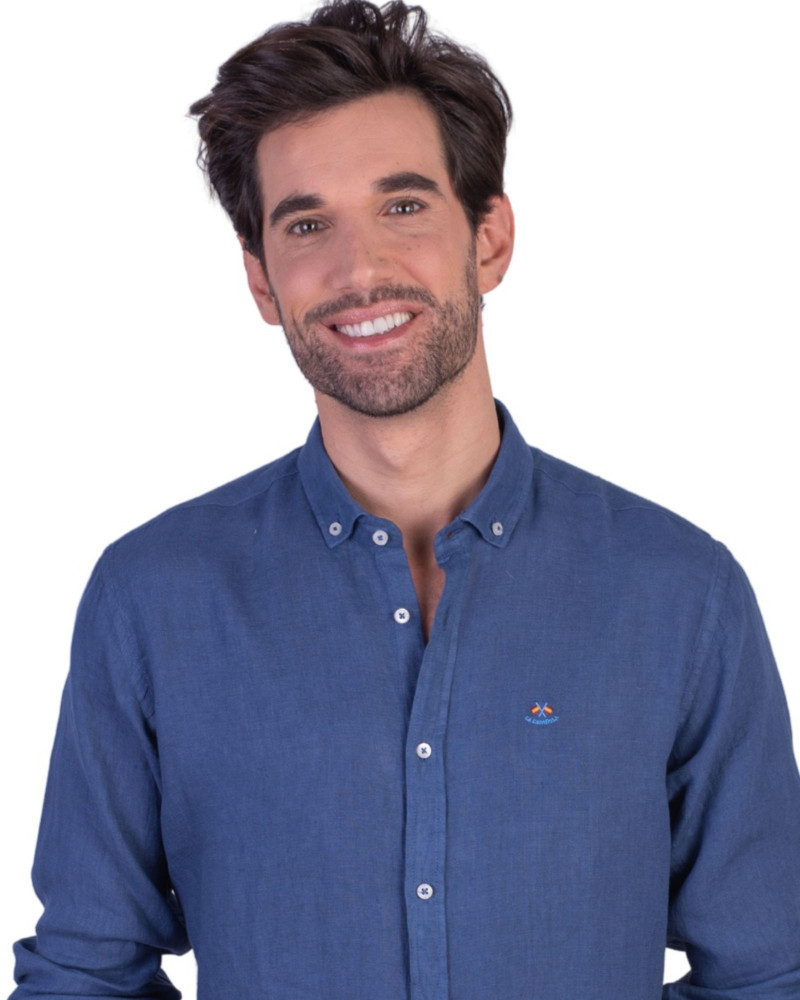 Camisa algodón-lino rayas con cuello botón | Camisería La Española