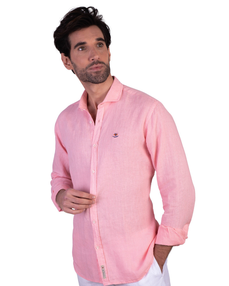 Camisa algodón-lino rayas con cuello botón | Camisería La Española