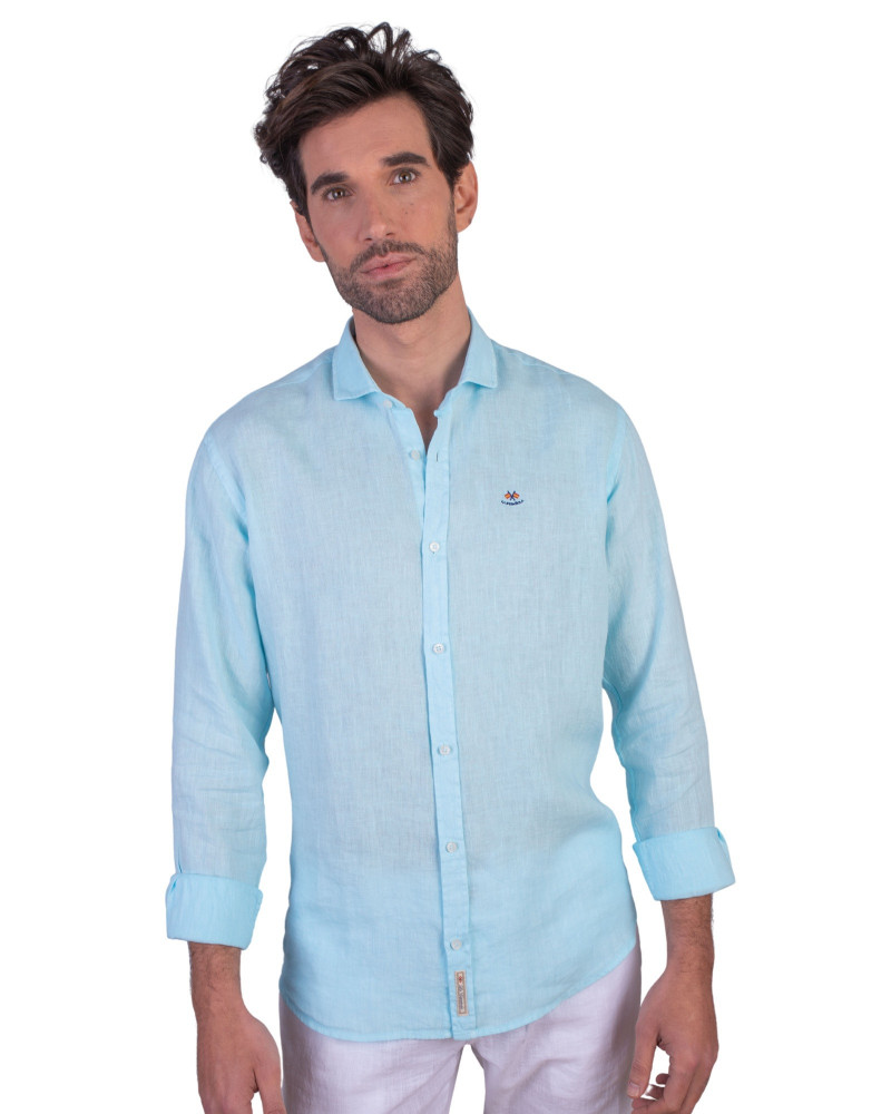 Camisa algodón-lino rayas con cuello botón | Camisería La Española