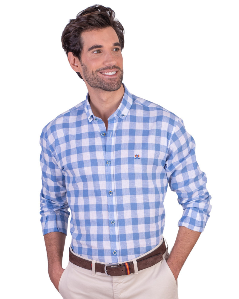 Camisa algodón-lino rayas con cuello botón | Camisería La Española