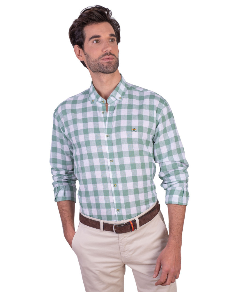 Camisa algodón-lino rayas con cuello botón | Camisería La Española