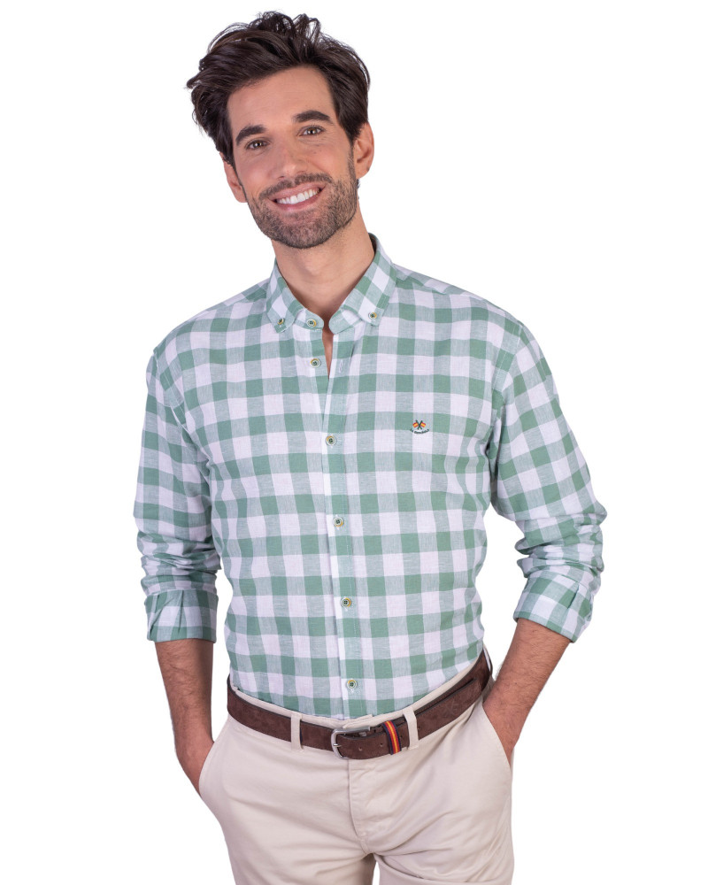 Camisa algodón-lino rayas con cuello botón | Camisería La Española