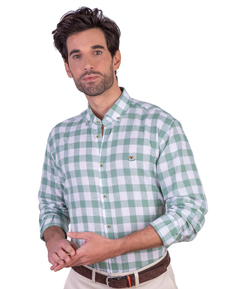 Camisa algodón-lino rayas con cuello botón | Camisería La Española