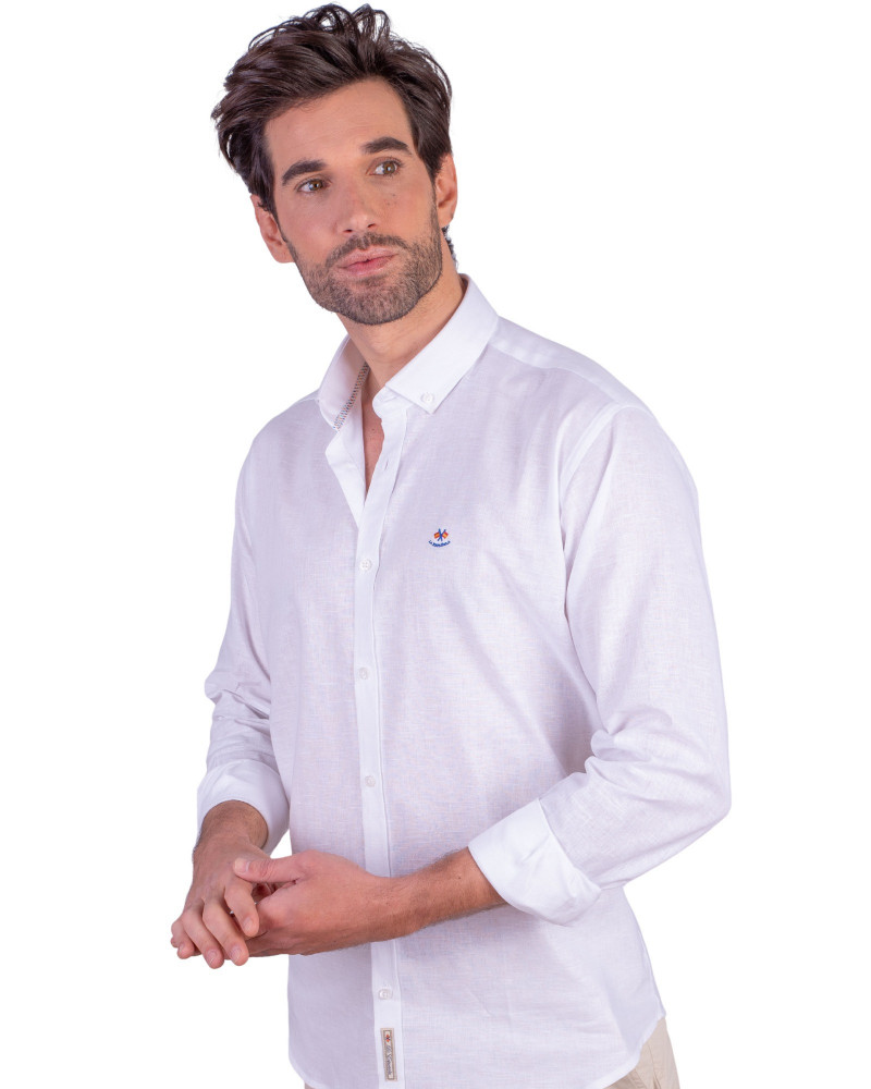 Camisa algodón-lino rayas con cuello botón | Camisería La Española