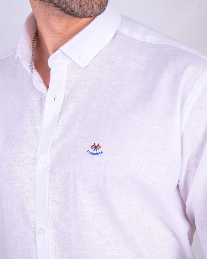 Camisa algodón-lino rayas con cuello botón | Camisería La Española