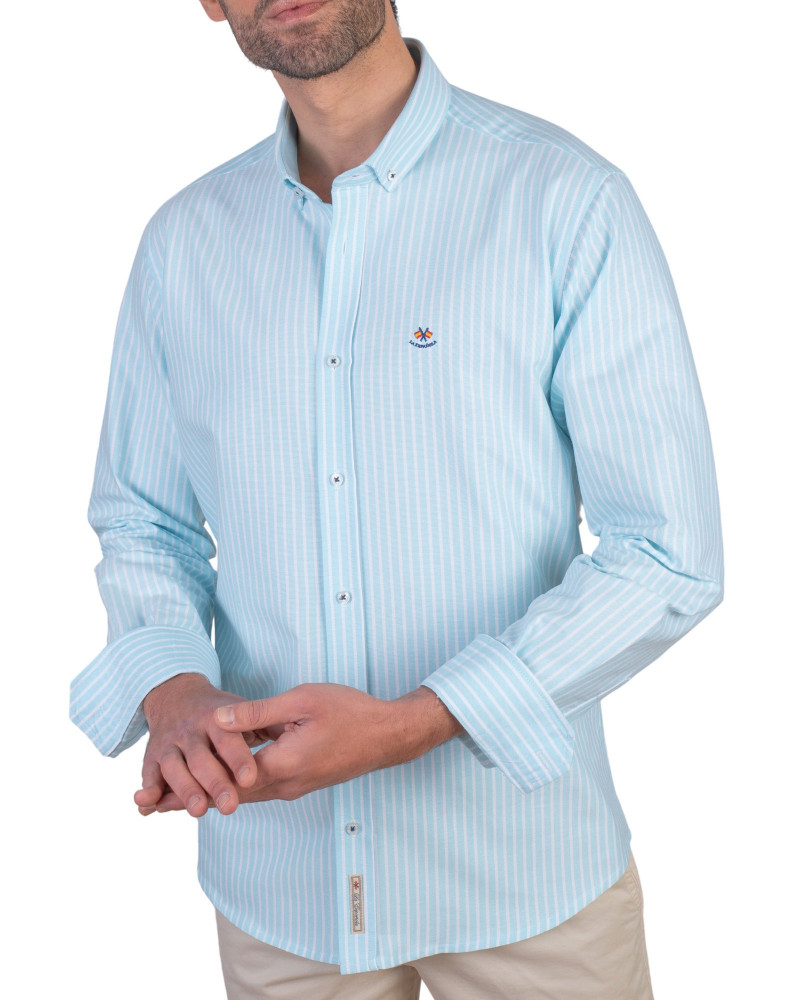 Camisa algodón-lino rayas con cuello botón | Camisería La Española