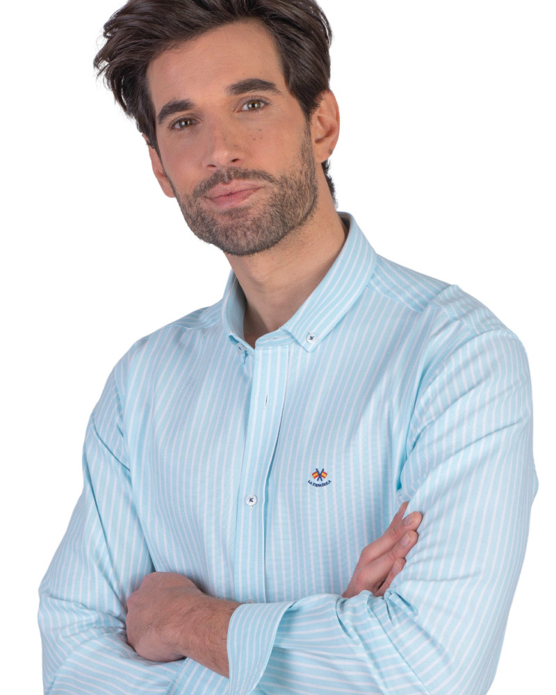 Camisa algodón-lino rayas con cuello botón | Camisería La Española