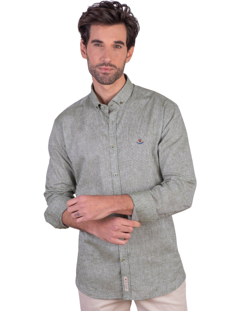 Camisa algodón-lino rayas con cuello botón | Camisería La Española