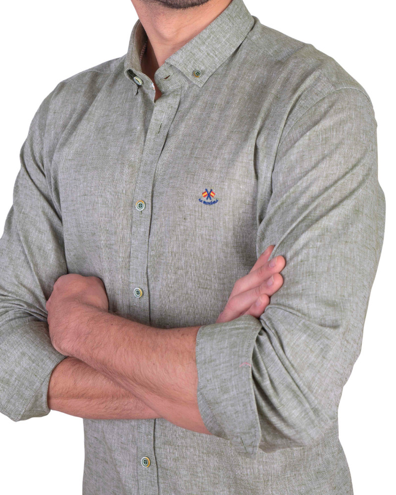 Camisa algodón-lino rayas con cuello botón | Camisería La Española