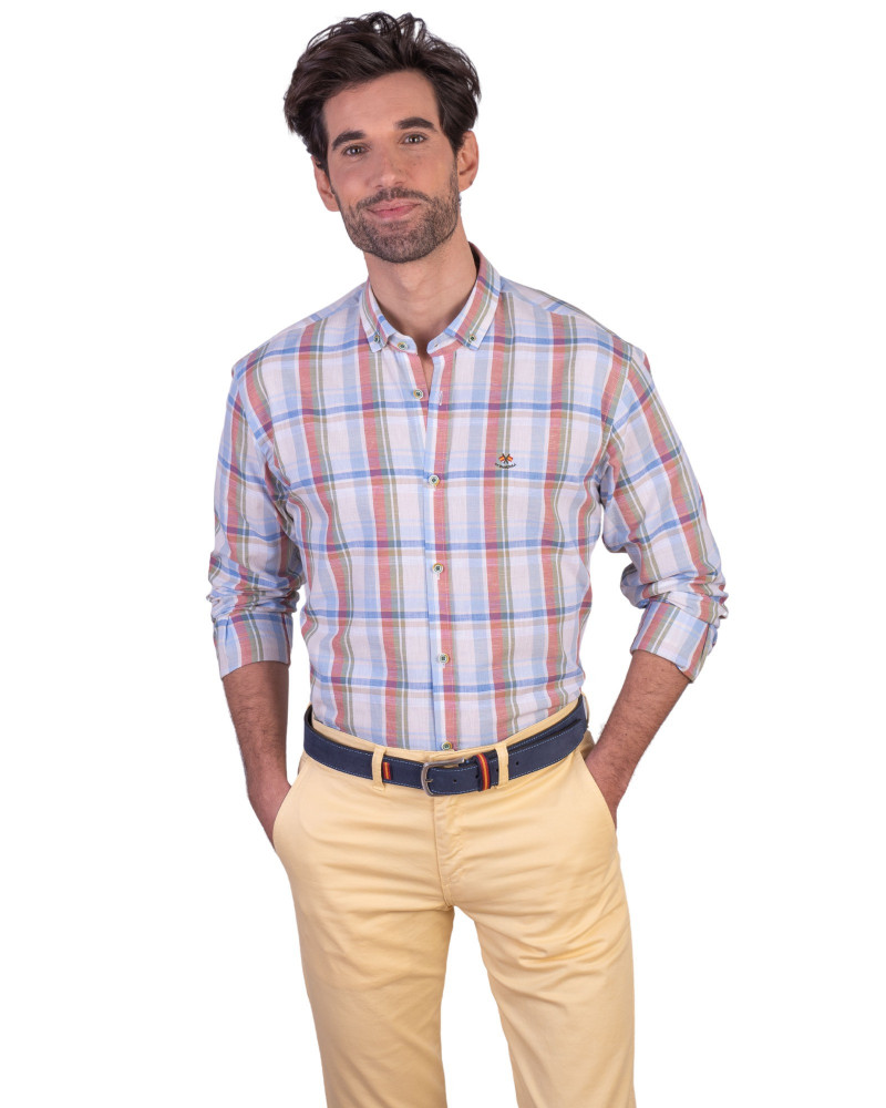 Camisa algodón-lino rayas con cuello botón | Camisería La Española