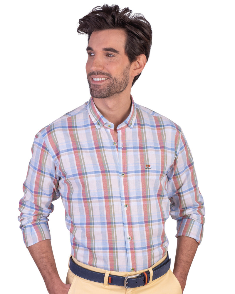 Camisa algodón-lino rayas con cuello botón | Camisería La Española