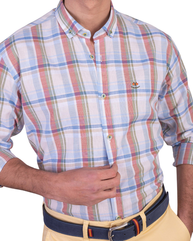 Camisa algodón-lino rayas con cuello botón | Camisería La Española