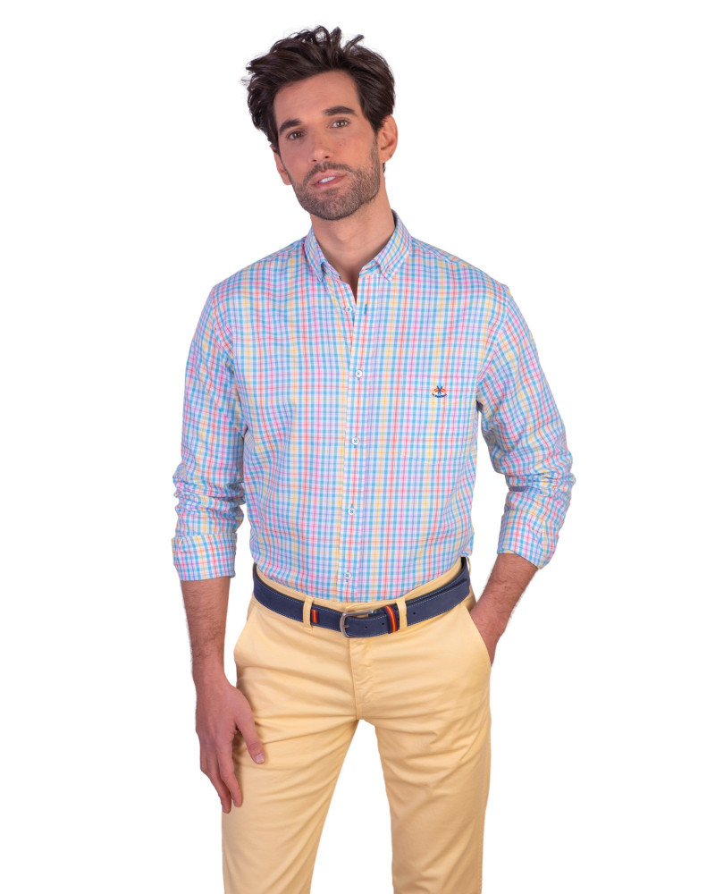 Camisa algodón-lino rayas con cuello botón | Camisería La Española