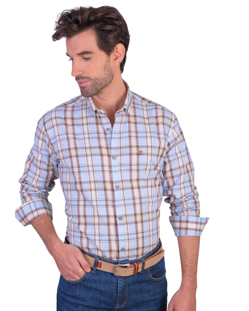Camisa algodón-lino rayas con cuello botón | Camisería La Española