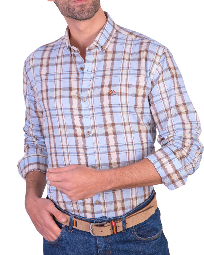 Camisa algodón-lino rayas con cuello botón | Camisería La Española