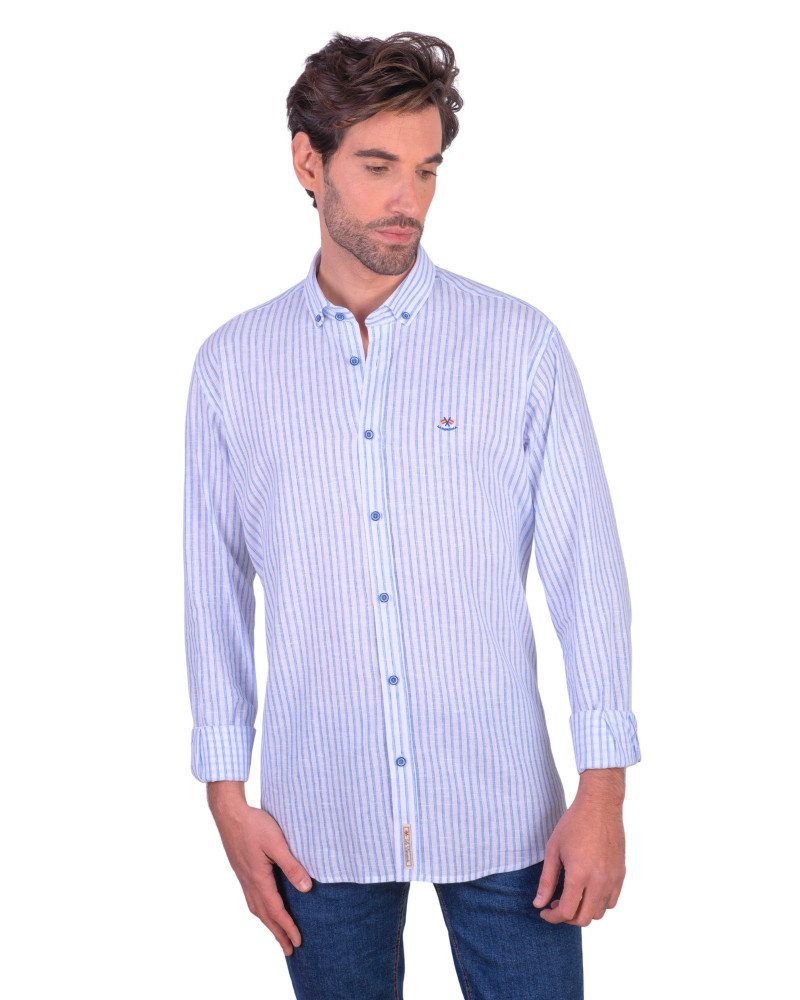 Camisa algodón-lino rayas con cuello botón | Camisería La Española