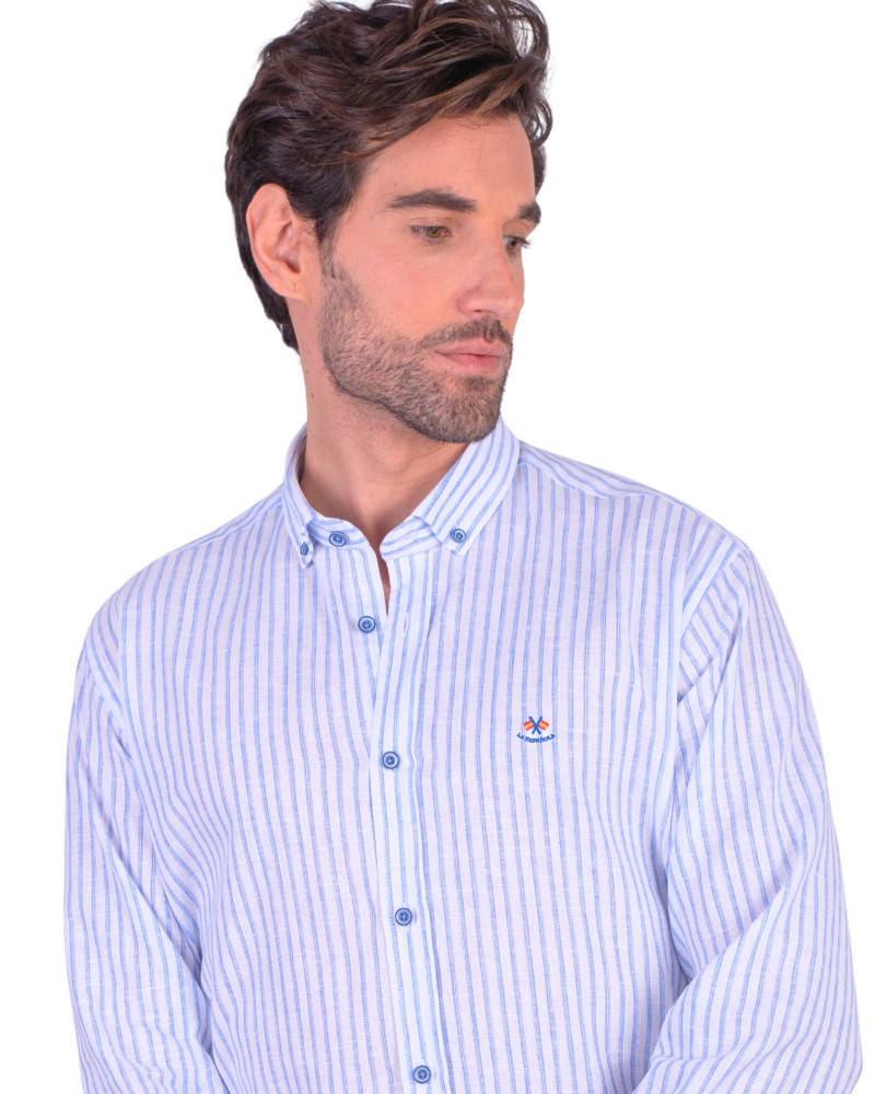 Camisa algodón-lino rayas con cuello botón | Camisería La Española