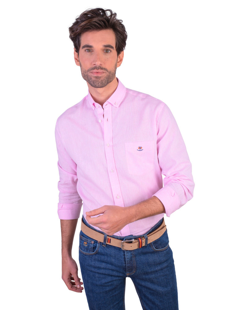 Camisa algodón-lino rayas con cuello botón | Camisería La Española