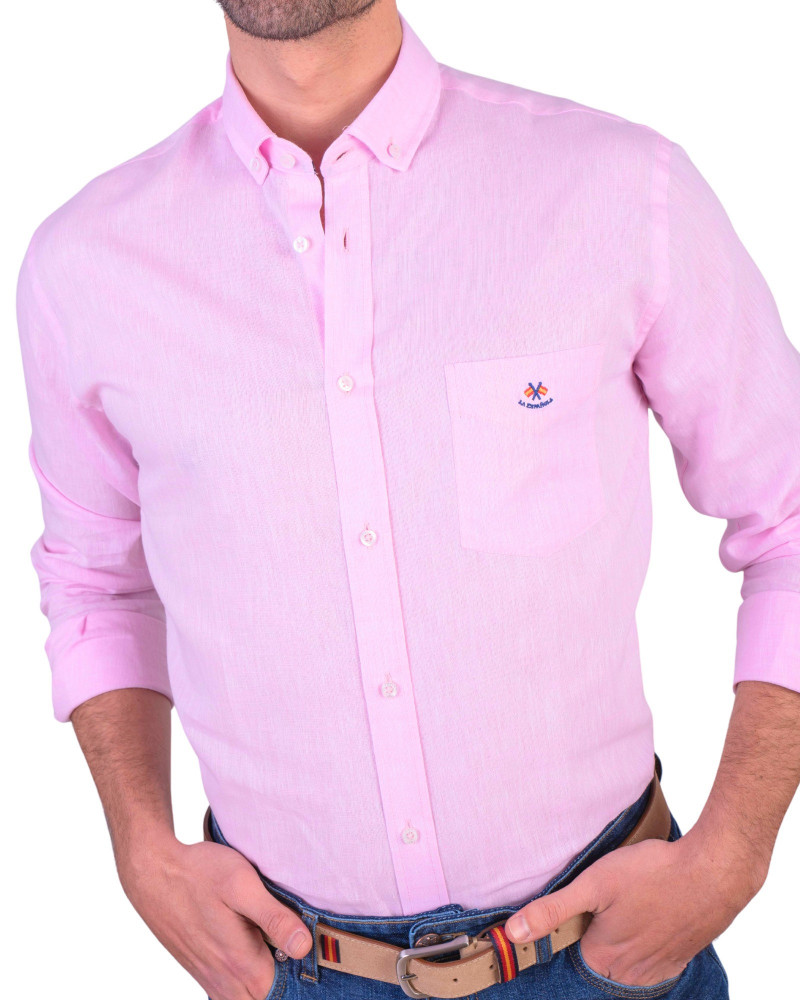 Camisa algodón-lino rayas con cuello botón | Camisería La Española