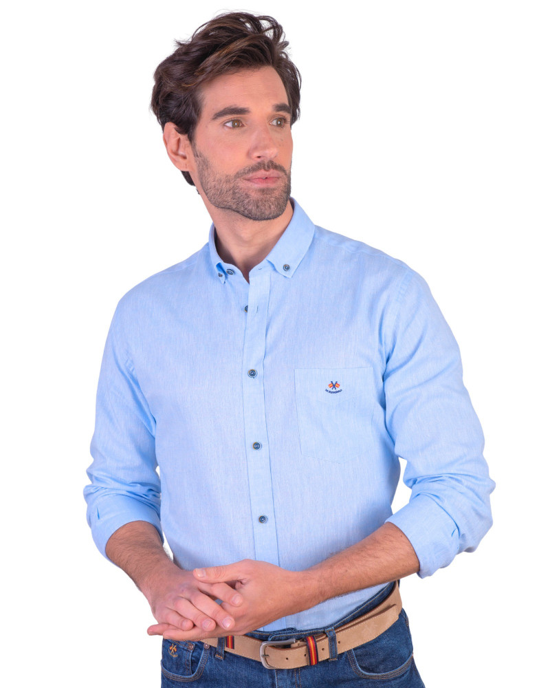 Camisa algodón-lino rayas con cuello botón | Camisería La Española