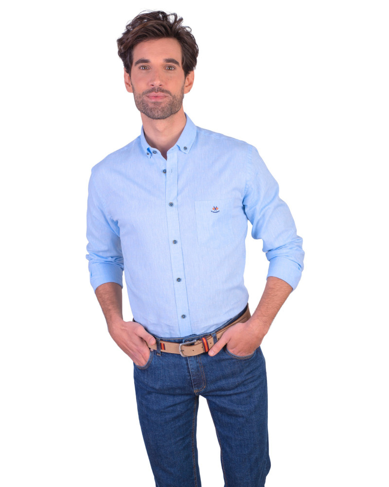 Camisa algodón-lino rayas con cuello botón | Camisería La Española