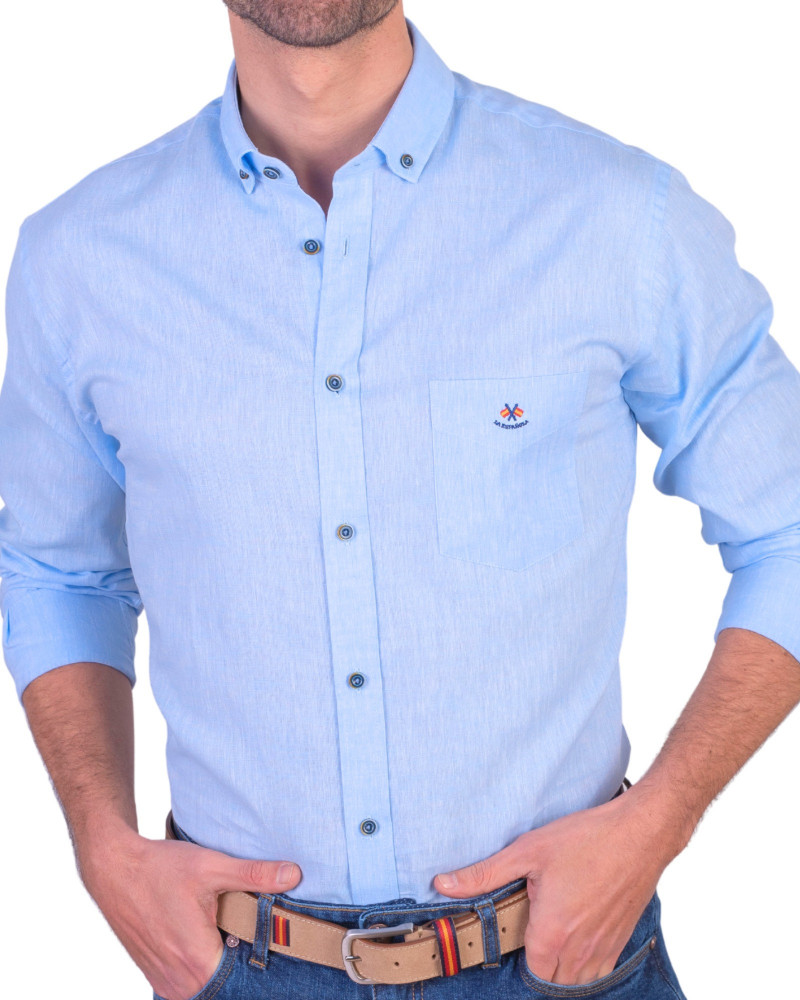 Camisa algodón-lino rayas con cuello botón | Camisería La Española