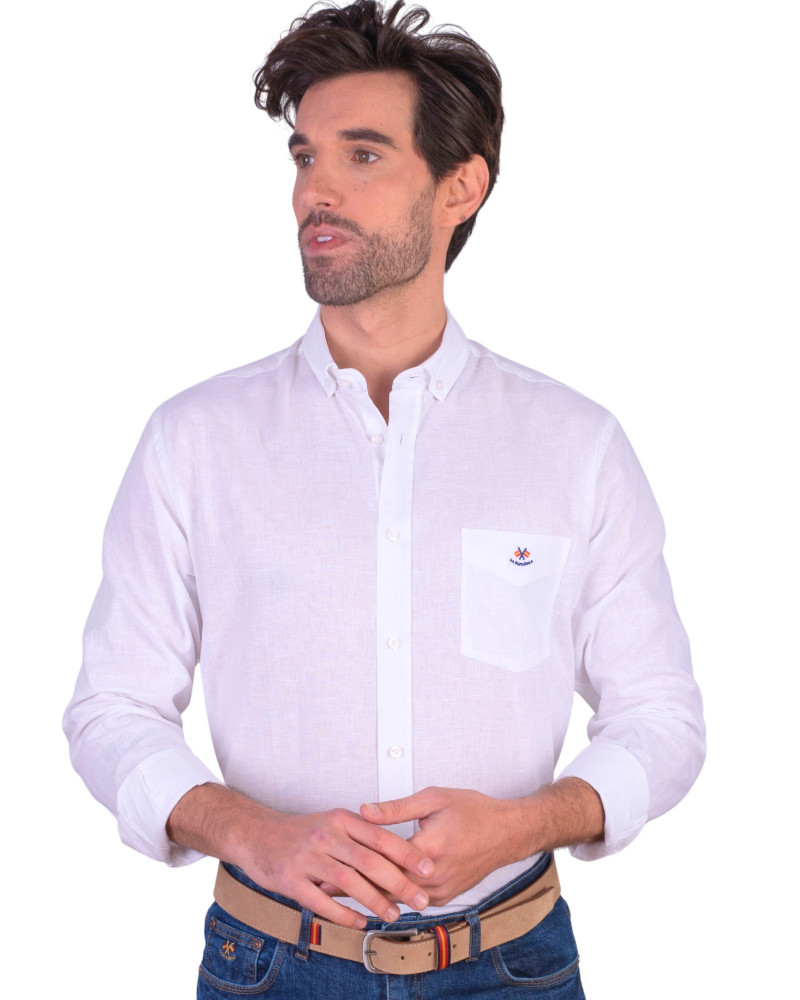 Camisa algodón-lino rayas con cuello botón | Camisería La Española