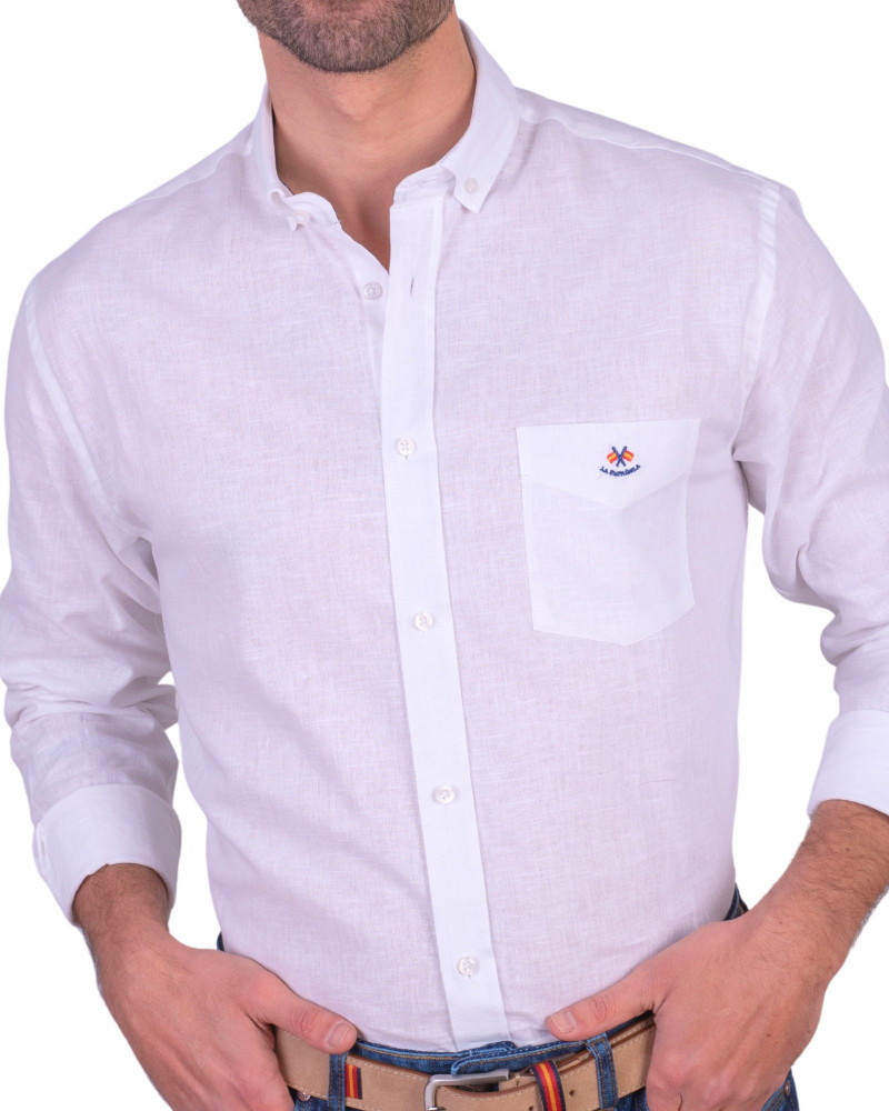 Camisa algodón-lino rayas con cuello botón | Camisería La Española