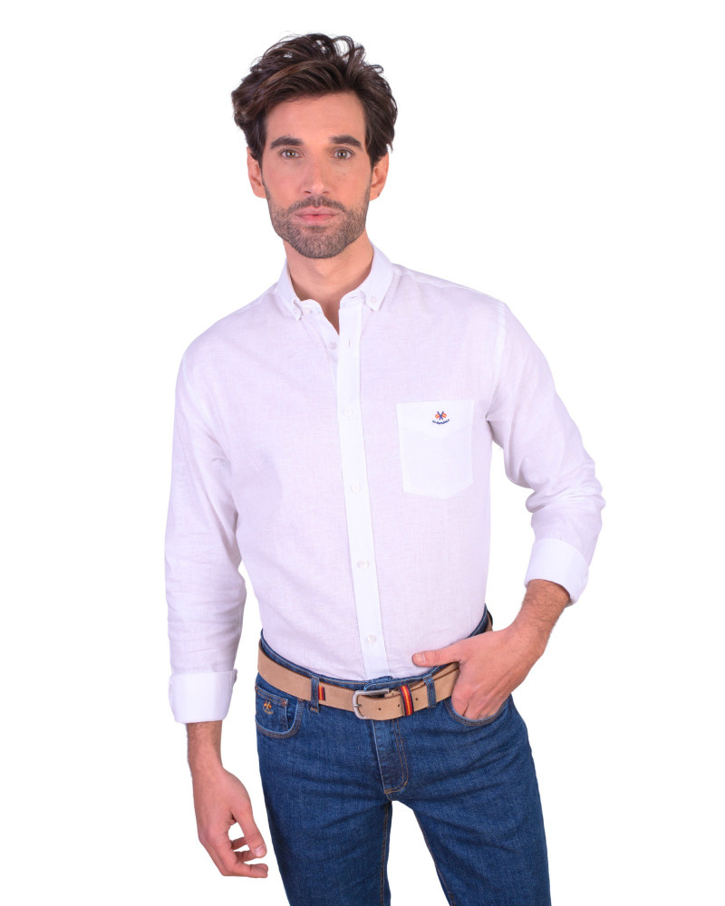 Camisa algodón-lino rayas con cuello botón | Camisería La Española